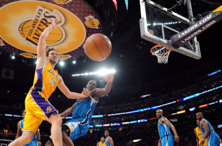 Pau Gasol #16 of the Los Angeles Lakers goes for a loose ball against Emeka Okafor #50 of the New Orleans Hornets in Game Two of the Western Conference Quarterfinals in the 2011 NBA Playoffs. Unlike then, Korean-speaking Lakers fans will be able to hear Korean-language play-by-play and commentary for televised games from now on.