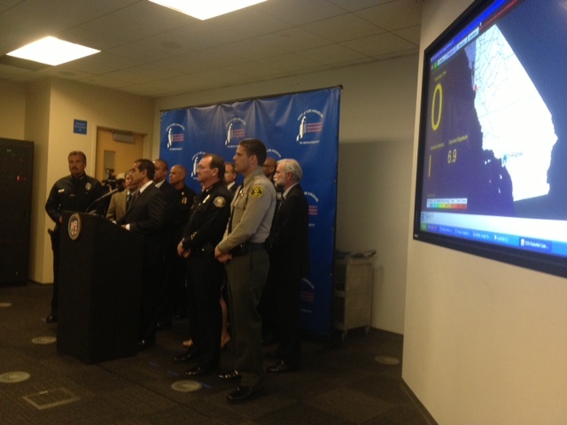 Emergency response chiefs announce $5 million federal grant to build an earthquake early warning system. Photo credit: Erika Aguilar/KPCC