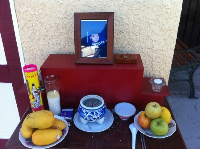 A memorial outside the home of Khoa Anh Le, who died after an altercation with El Monte police.
