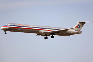 An American Airlines MD-80 jet prepares to land. In 2008, American Airlines cancelled about 200 flights nationwide today so they could inspect some wiring aboard their MD-80 aircraft.