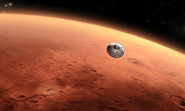 An artist's concept of NASA's Mars Science Laboratory spacecraft approaching Mars.