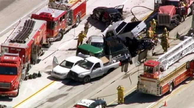 An aerial shot of the pile-up on the 14 freeway.