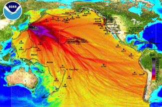 In this handout image provided by the National Oceanic and Atmospheric Administration, model amplitudes calculated with the MOST forecast model are seen March 11, 2011. Filled colors show maximum computed tsunami amplitude in cm during 24 hours of wave propagation. Black contours show computed tsunami arrival time. A magnitude 8.9 strong earthquake hit the northeast coast of Japan causing Tsunami alerts throughout countries bordering the Pacific Ocean.