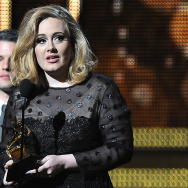 Adele addresses the audience after recei