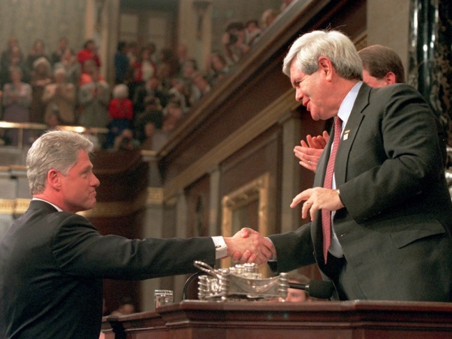 President Clinton shakes hands with House Speaker Newt Gingrich prior to giving his State of the Union address in January 1996.