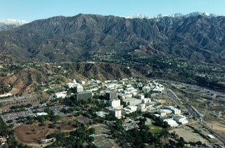 An aerial view of the Jet Propulsion Laboratory (JPL), Pasadena, California and the surrounding San Gabriel Mountains.