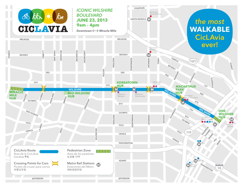 CicLAvia will close six miles of Wilshire Boulevard to cars on Sunday, June 23. Shown is a map of the CicLAvia route.