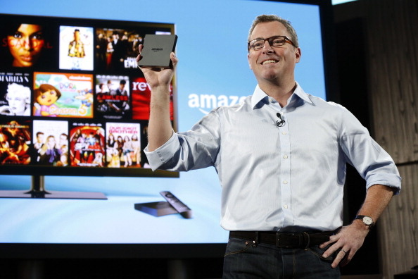 Peter Larsen, vice president of Amazon.com Inc., introduces Amazon FireTV during a news conference in New York, U.S., on Wednesday, April 2, 2014. The worlds largest Internet retailer unveiled FireTV, a television-viewing device for streaming movies, television shows and other video from the Web.