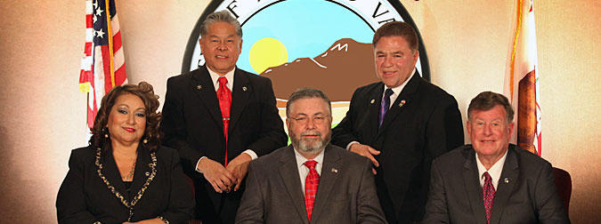 Authorities have seized computers and files from the Riverside County homes of the City of Moreno Valley mayor and council members. From left to right: Moreno Valley city council members Victoria Baca, Marcelo Co, Mayor Tom Owings, and Moreno Valley city council members Jesse L. Molina and Richard A. Stewart.