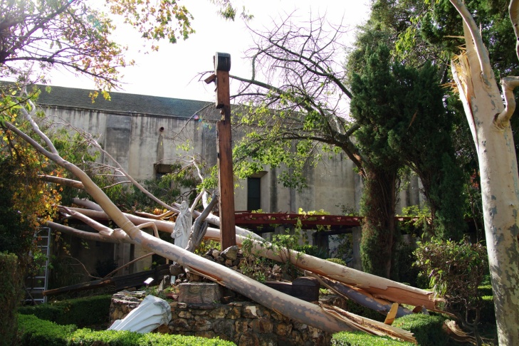 Santa Ana winds damage San Gabriel Mission monument