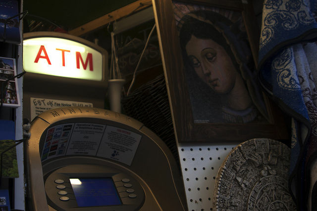 ATM in a souvenir shop on Olvera Street, Los Angeles. If the proposal passes, illegal immigrants can use library cards to open bank accounts.