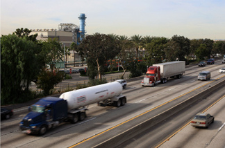 Cars and trucks on the Interstate 5 near Burbank, California.