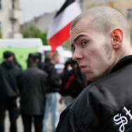 A skinhead takes part in a right-wing rally