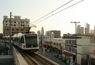 A Metro train nearing downtown Los Angeles, California.