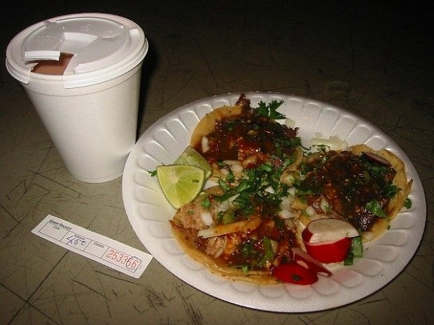 Tacos and champurrado, hot off a taco truck, December 2006