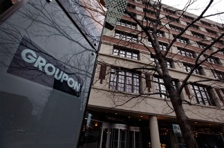 A sign marks the location of the Groupon headquarters on November 30, 2010 in Chicago, Illinois.