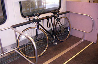 A bike on one of Metrolink's new bicycle cars.