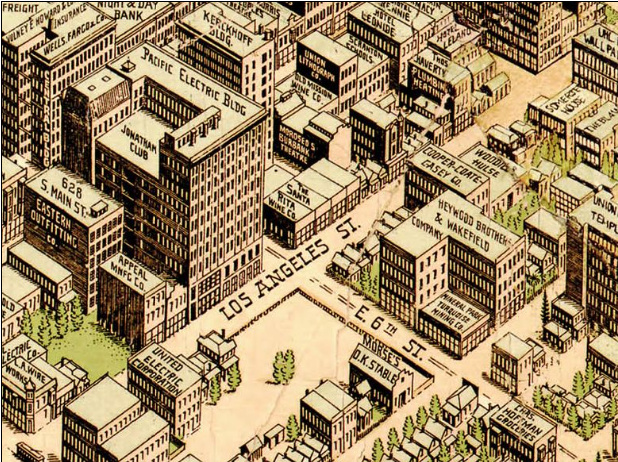 Birdseye View Pub. Co.'s birdseye map of Los Angeles, California in 1909.