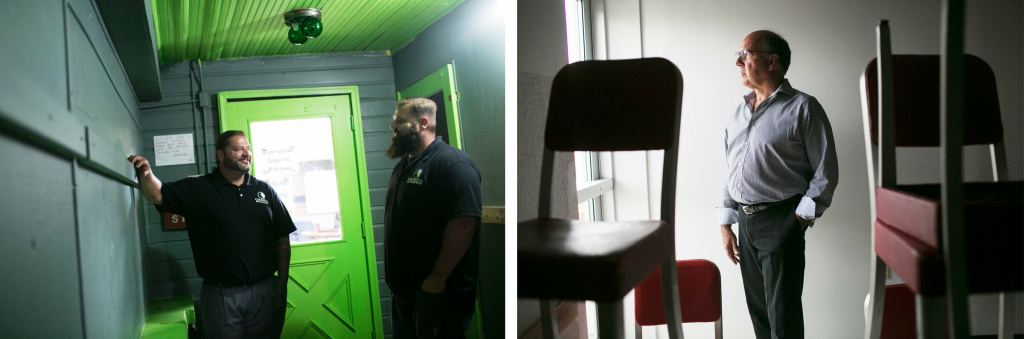 (Left) Michael and Charles Rollins run the Many Pathways clubhouse for recovering addicts in Springfield. (Right) Mike Calabrese, executive director of Opportunities for Individual Change, a jobs skills program, says the city lost thousands of high-paying blue-collar jobs. (Left) Michael and Charles Rollins run the Many Pathways clubhouse for recovering addicts in Springfield. (Right) Mike Calabrese, executive director of Opportunities for Individual Change, a jobs skills program, says the city lost thousands of high-paying blue-collar jobs.