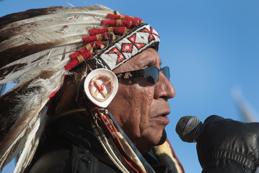 Sioux From Standing Rock Reservation Claim Victory Over Dakota Pipeline Access Project Chief Arvol Looking Horse of the Lakota/Dakota/Nakota Nation speaks during an interfaith ceremony at Oceti Sakowin Camp on the edge of the Standing Rock Sioux Reservation on December 4, 2016 outside Cannon Ball, North Dakota. Native Americans from around the country gathered at the camp for several months trying to halt the construction of the Dakota Access Pipeline.