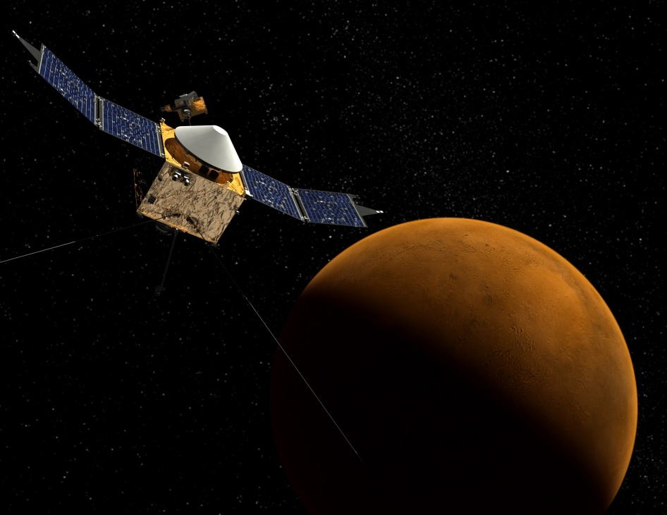MAVEN This artist's concept shows the MAVEN spacecraft with the planet Mars in the background.