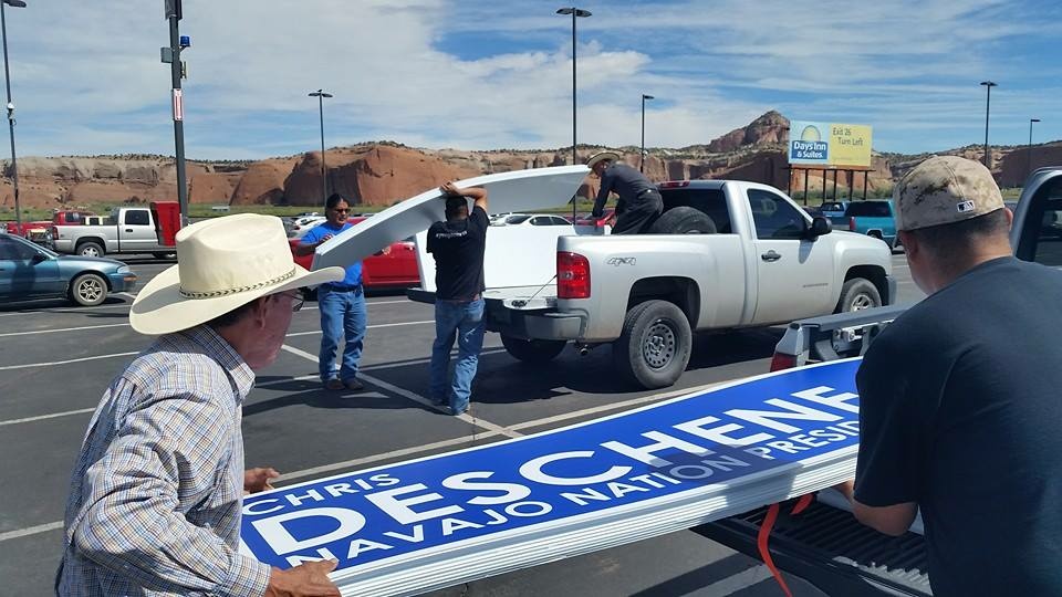 Supporters of Navajo Nation presidential candidate Chris Deschene out campaigning. Supporters of Navajo Nation presidential candidate Chris Deschene out campaigning.