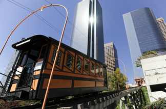 Angels Flight, the landmark funicular railway in the Bunker Hill district of downtown Los Angeles, resumed operation after a nine year absence. Photo taken on March 14, 2010.