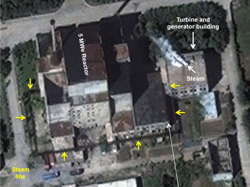 This is a DigitalGlobe image of the 5-megawatt (electric) reactor at North Korea's Yongbyon facility, Aug. 31, with steam seen coming from the electrical power generation building.