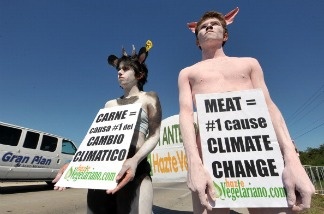 Activists of Anima Naturalis protest close to the Cancun Meese Convention Center on December 10, 2010, during the closing day of United Nations Framework Convention on Climate Change held in Cancun, Mexico.