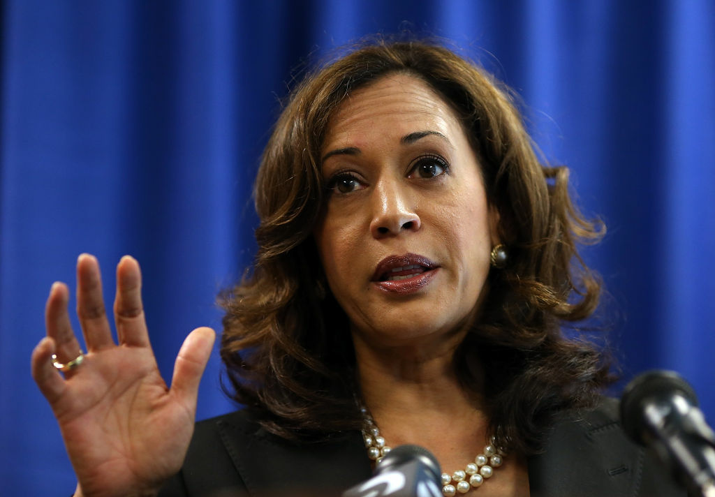 California Attorney General Kamala Harris speaks to reporters after California Governor Jerry Brown signed the California Homeowner Bill of Rights on July 11, 2012.