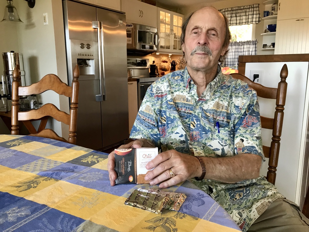 Laguna Woods cannabis club Jon Northrop, 74, uses cannabis to relieve pain stemming from multiple sclerosis and a series of back injuries. His product of choice is a cannabis-infused chocolate bar, which he eats —but only two squares — before bedtime.