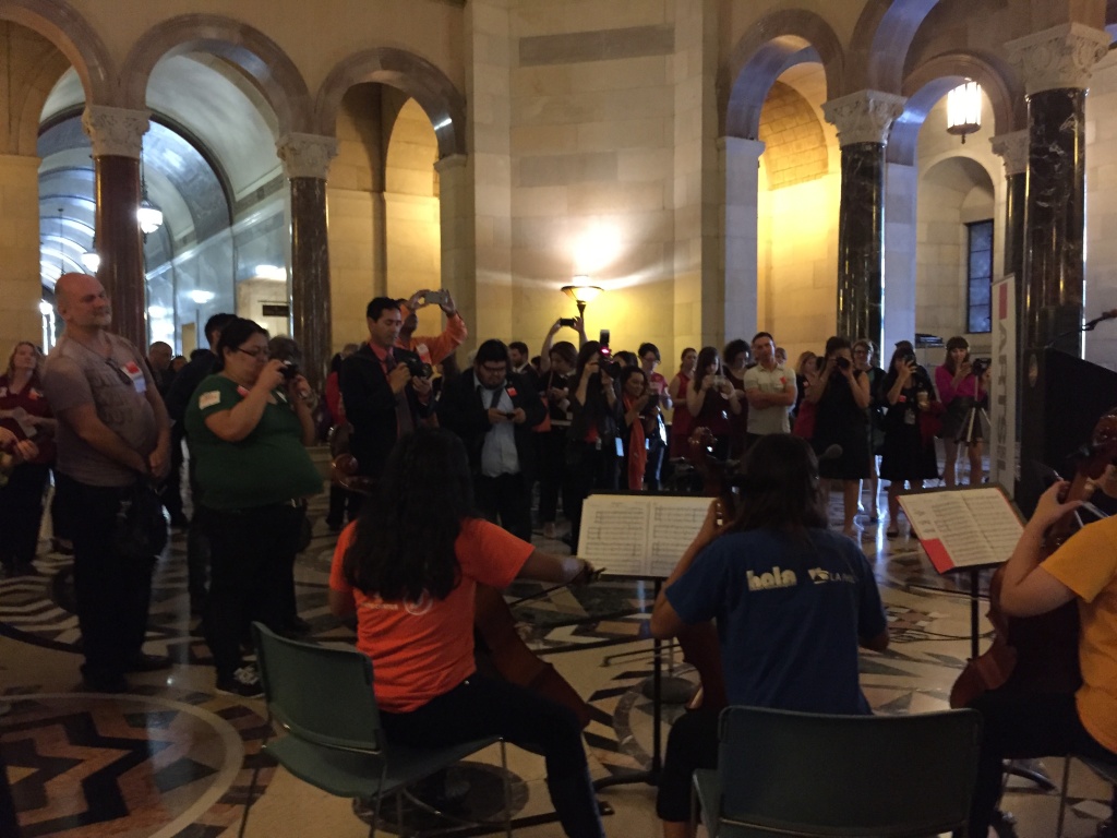 A group of young cellists from Youth Orchestra LA at the Heart of Los Angeles (YOLA at HOLA) played for advocates as they gathered in the rotunda ahead of the meeting. A group of young cellists from Youth Orchestra LA at the Heart of Los Angeles (YOLA at HOLA) played for advocates as they gathered in the rotunda ahead of the meeting.