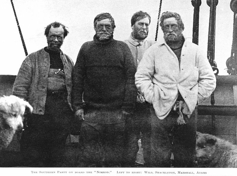 Shackleton Left to right - Wild, Shackleton, Marshall, Adams. The four members of the party that set out to attempt to become the first to reach the South pole, they were defeated by the weather, but also a lack of supplies and suitable equipment just 97 miles from the South Pole, a point they reached on January the 9th 1909. Ernest Shackleton (1874-1922) British Imperial Antarctic Expedition