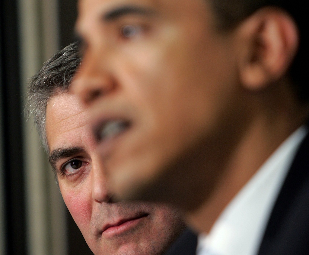 George Clooney and Barack Obama discussing Darfur at The National Press Club Newsmaker's Program on April 27, 2006 in Washington, DC.