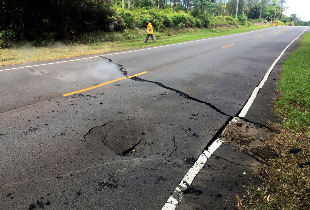 Hundreds Forced To Evacuate After Hawaii's Kilauea Volcano Erupts In this handout photo provided by the U.S. Geological Survey, a crack opened on Pohoiki Road just east of Leilani Street after the eruption of Hawaii's Kilauea volcano on May 5, 2018 in the Leilani Estates subdivision near Pahoa, Hawaii.