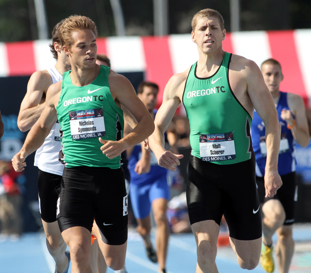 Outdoor Track and Field Championships Nick Symmonds, left, looks toward teammate Matt Scherer as the pair finish a first-round heat of the 800-meter at the USA Outdoor Track and Field Championships, Thursday, June 24, 2010, at Drake University in Des Moines, Iowa.
