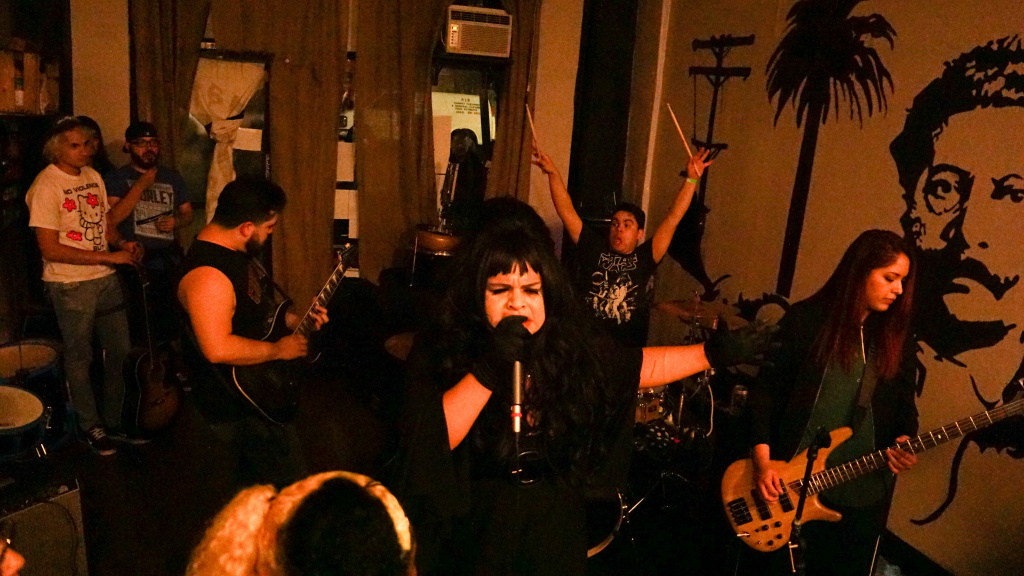 Trap Girl Full Band The South Gate band Trap Girl plays at La Conxa, 2017. L-R: Steve Moreno (guitar), Drew Arriola-Sands (vocals), Jorge Reveles (drums), and Ibette Ortiz (bass)