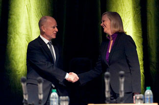California attorney general and democratic gubernatorial candidate (L) shakes hands with republican gubernatorial candidate and former eBay CEO Meg Whitman before the start of a debate at UC Davis' Mondavi Center on September 28, 2010 in Davis, California.