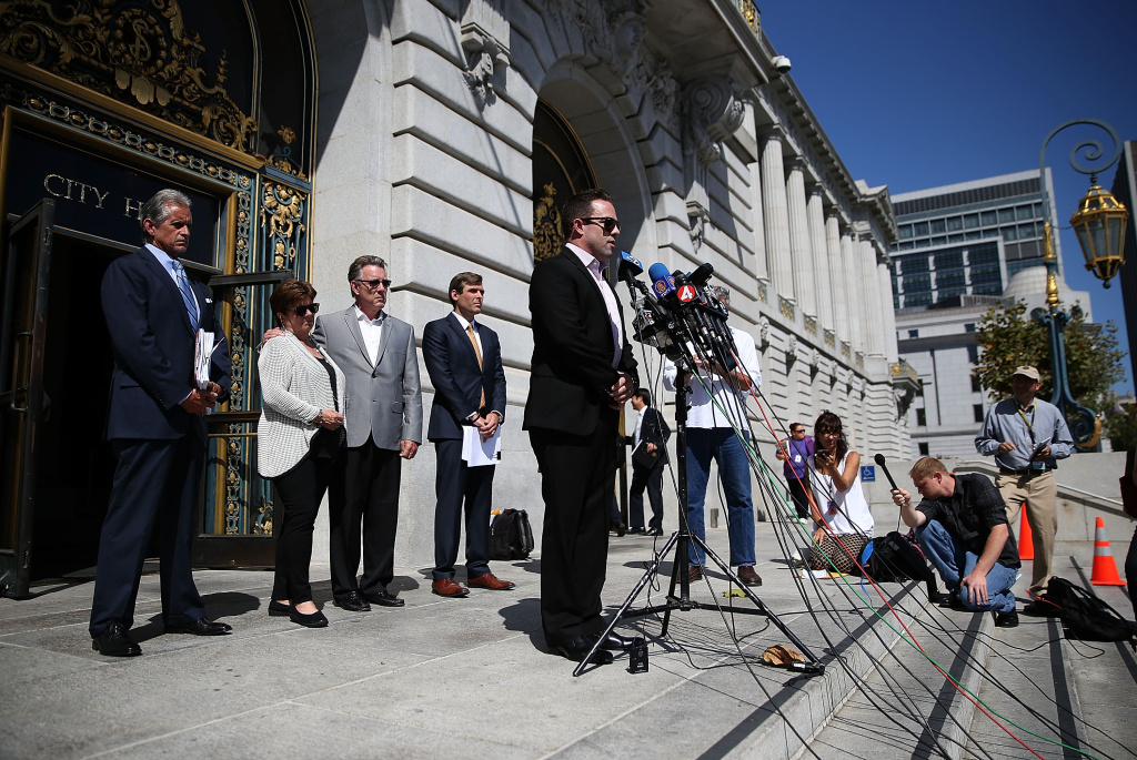 Parents Of Kate Steinle Hold News Conference In San Francisco Brad Steinle, brother of Kate Steinle, who was killed by an undocumented immigrant, speaks during a news conference on September 1, 2015 in San Francisco, California.