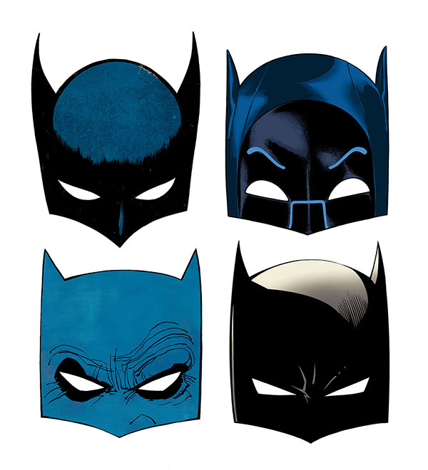Batman masks from different eras. Batman masks from different eras.