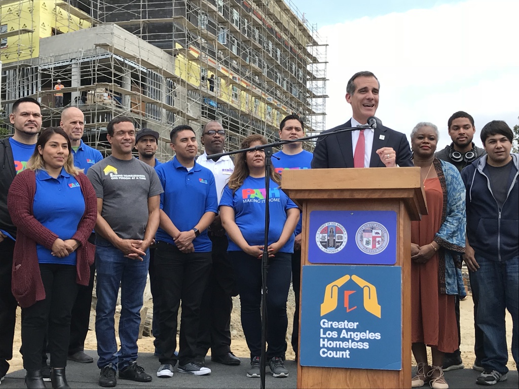 Mayor Eric Garcetti hails the city's first decrease in four years of the number of homeless people living on Los Angeles streets, March 31, 2018. Mayor Eric Garcetti hails the city's first decrease in four years of the number of homeless people living on Los Angeles streets, March 31, 2018.