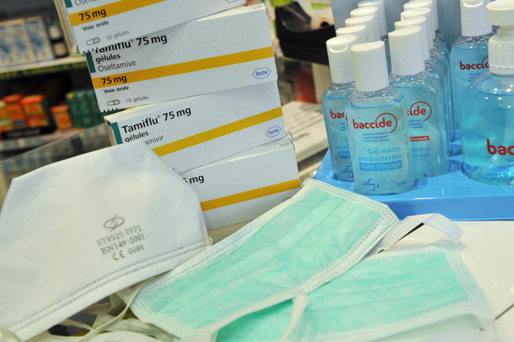 Medical face masks, antiviral medication Medical face masks, antiviral medication Tamiflu boxes and no rinse hydro-alcoholic antiseptic gels are pictured on July 22, 2009 in Paris. While the World Health Organisation has stopped collating figures on infected numbers, European Union Health Commissioner Androulla Vassiliou predicted on July 18, 2009 that 60 million people across the 27-nation bloc would need priority vaccination.