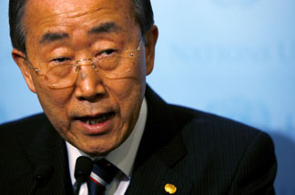 United Nations Secretary-General Ban Ki-moon addresses the media on the situation in Haiti following an earthquake at United Nations Headquarters on January 13, 2010 in New York City.