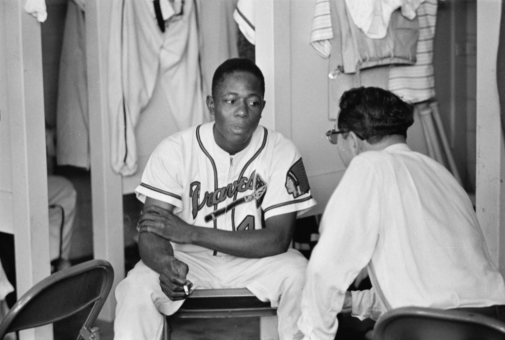 not an ostrich Hank Aaron of the Milwaukee Braves in locker room, 1955 © Phillip A. Harrington Estate.