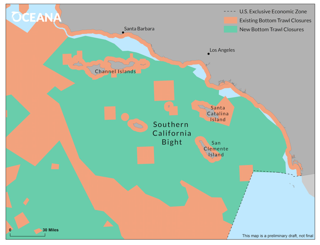 The Pacific Fishery Management Council voted to protect a huge swath of ocean off the Southern California coast from bottom-trawl fishing on April 9, 2018. The new protected area is in green. Areas previously protected are in orange. The Pacific Fishery Management Council voted to protect a huge swath of ocean off the Southern California coast from bottom-trawl fishing on April 9, 2018. The new protected area is in green. Areas previously protected are in orange.