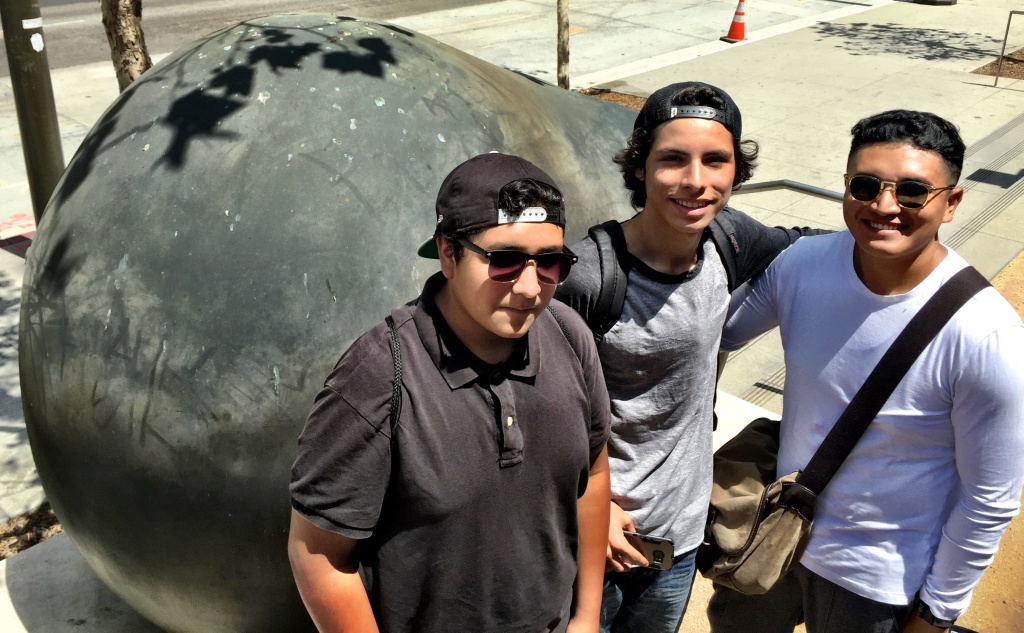 Pokemon Go players Justin Diaz, from Azusa; Steven Chavarria, Hesperia; and Christian Diaz, Azusa, with a piece of public art outside LAPD headquarters. Pokemon Go players Justin Diaz, from Azusa; Steven Chavarria, Hesperia; and Christian Diaz, Azusa, with a piece of public art outside LAPD headquarters.