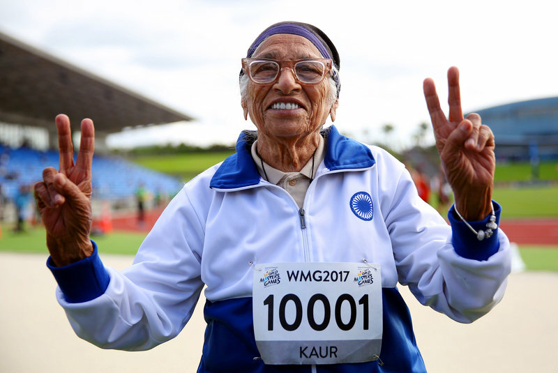 gettyimages-672032280_custom-6b6c018d87fef9c6dbbccff25b715a092972ad1e-s800-c85.jpg Man Kaur of India celebrates after competing in the 100-meter sprint in the 100+ age category at the World Masters Games in Auckland, New Zealand, in April.