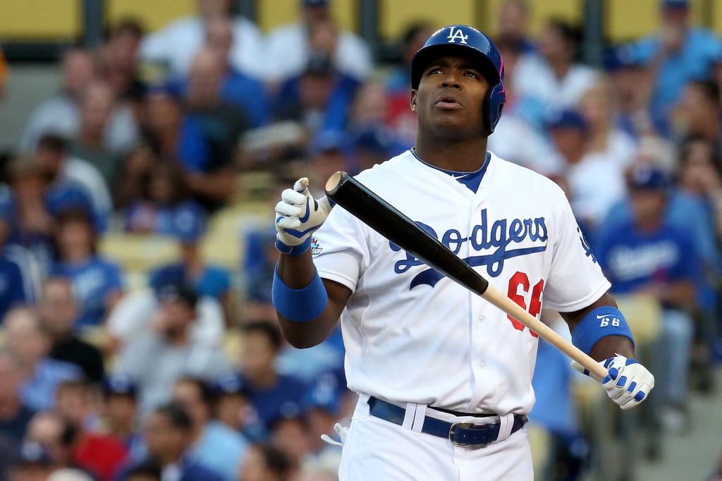 NLCS - St Louis Cardinals v Los Angeles Dodgers Yasiel Puig #66 of the Los Angeles Dodgers reacts while at bat in the second inning against the St. Louis Cardinals in Game Four of the National League Championship Series at Dodger Stadium on Oct. 15, 2013 in Los Angeles.