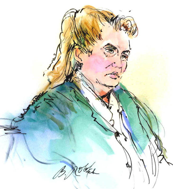 In this courtroom sketch, Dorothee Burkhart appears in federal court on fraud charges Tuesday Jan. 3, 2012 in Los Angeles. Burkhart is the mother of suspected Los Angeles arsonist Harry Burkhart.