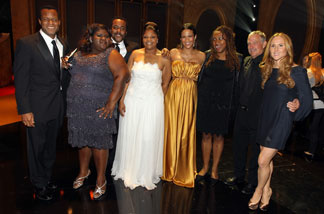 (L-R) Screenwriter Geoffrey Fletcher, actress Gabourey Sidibe, director Lee Daniels, actress Mo'Nique, actress Paula Patton, and producers Simone Sheffield, Gary Magness and Sarah Siegel-Magness of 'Precious: Based on the Novel 'Push' by Sapphire,' pose during the 41st NAACP Image awards held at The Shrine Auditorium on Feb. 26, 2010 in Los Angeles.